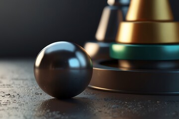 gold spherical object,brass geometric shapes,dark moody atmosphere,dramatic lighting,complex arrangement,surreal composition,cinematic lighting,3d render
