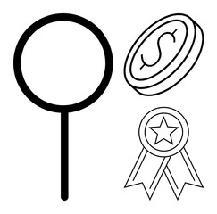 Financial planning, reward recognition, goal setting, economic success, analysis, motivation. Magnifying glass, dollar coin and star badge as line art. Financial planning and reward recognition