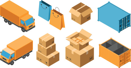 Isometric shipping and delivery icons set, cargo boxes containers trucks illustration, logistics transportation concept, ecommerce packaging design