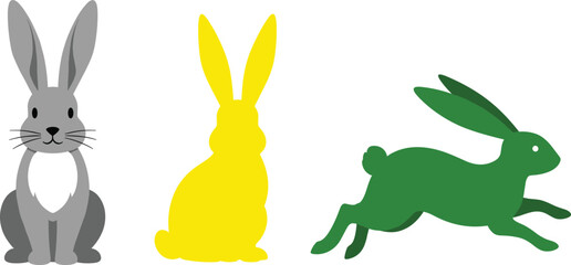 Rabbit vector illustration set featuring cute cartoon bunny, solid silhouette, and jumping hare shapes, simple flat animal designs for children, icons, and seasonal projects © Mostafijur