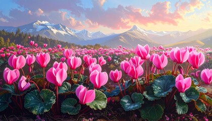 Field of blooming pink cyclamen flowers with snow-capped mountains and colorful sky at sunrise or sunset