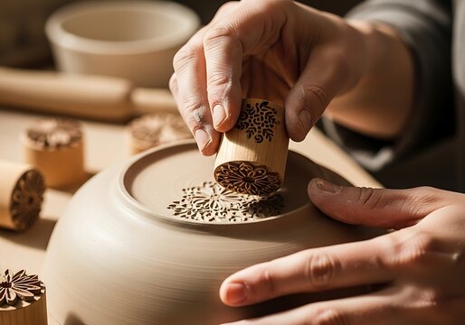 Artisan crafting bespoke ceramic ware with hand-stamped floral pattern