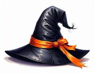 Halloween-style black witch hat, spooky festive headwear isolated on white