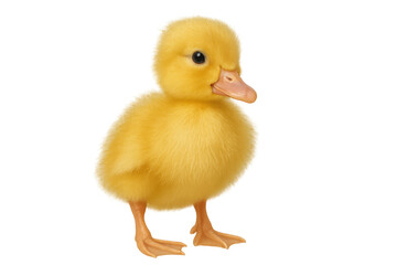 Yellow fluffy duckling standing, looking forward, happy baby duck, easter concept, spring, poultry, farm animal cut out