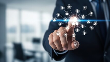 A person in a suit touches a glowing network icon, symbolizing business connection and communication