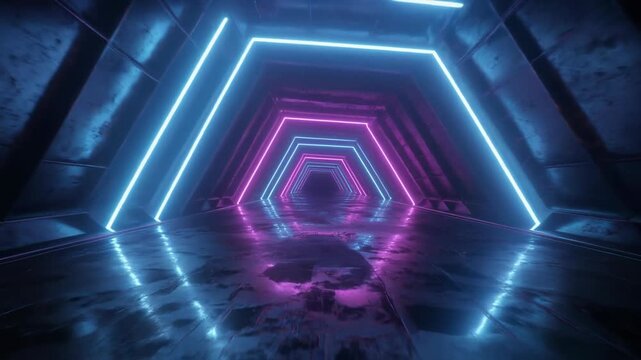 Neon-lit, futuristic tunnel with hexagonal shapes receding into the distance
