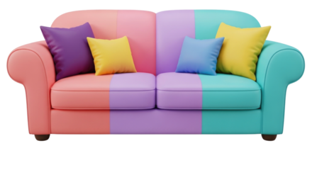 Colorful couch with cushions transparent background cutout png