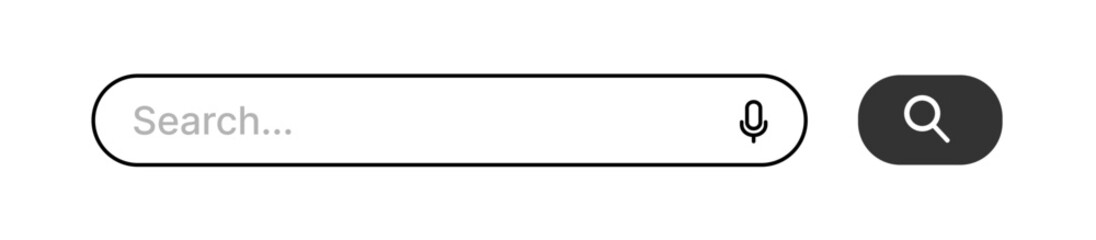 Minimalist search bar icon with magnifying glass and microphone, simple UI element for website or app interface, isolated vector template for search field or input box design