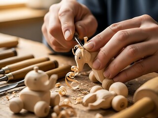 Crafting wooden toy animal figures with precision hand tools closeup view