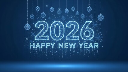 Fototapeta premium Radiant 2026 Happy New Year greeting, a dazzling digital display of glowing particles and festive ornaments, celebrating new beginnings on a dynamic blue background