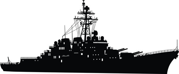 Black Silhouette Vector Outline of a Modern Guided Missile Cruiser or Destroyer Warship – Naval Power, Defense, and Maritime Security Graphic Isolated on White © Shahariar's World