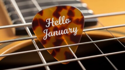 Close-up of a Tortoiseshell Guitar Pick with Hello January Text on Guitar Strings.