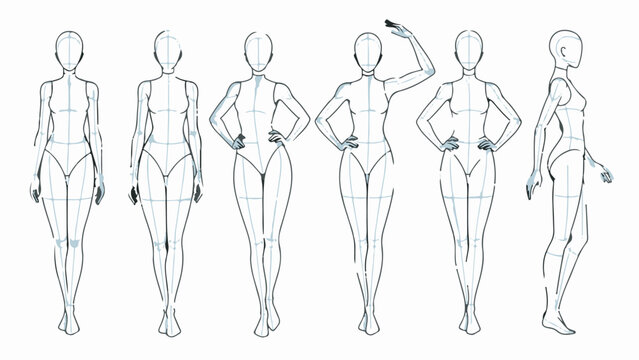 Hand drawn female body figure sketches illustrating different body types and poses