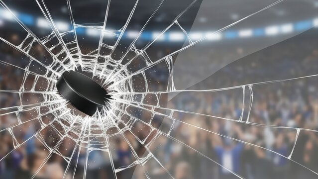 Hockey Puck Shattering Glass During Intense Game Action.