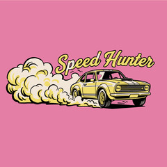 Retro Speed Hunter Car Design.Classic Car Burnout Illustration.Muscle Car Pop Art Vector.Hot Rod Drifting Graphic.Vintage Racing Tee Print