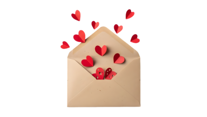 Envelope with red hearts isolated on transparent background