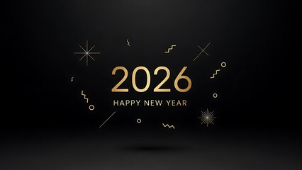 Fototapeta premium Happy New Year 2026 Golden Elegant Text with Decorative Elements on Black Background