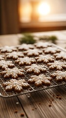 Snowflakeshaped cookies on cooling rack in cozy kitchen
