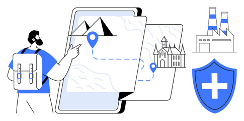 Travel planning, tourism, digital navigation, location indicators, safety, destination exploration. Backpacker checking a map with landmarks and a safety shield. Travel planning and tourism concept