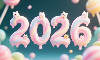 Soft pastel swirl numbers &ldquo;2026&rdquo; with melting-candy textures and mini cute characters  Generative AI