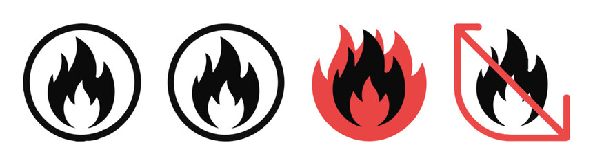 Collection of four fire icons including two in circles, one large red flame, and a red no-fire warning sign