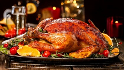 Fototapeta premium Succulent Golden-Brown Roasted Turkey, Beautifully Garnished with Vibrant Oranges and Cranberries, Forming the Perfect Holiday Centerpiece for a Festive Celebration