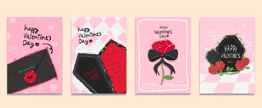 Creepy Valentine gothic Postcard Design, Spooky Valentine, Pastel Goth digital stickers, Alternative Valentine day  Hand-drawn Vector