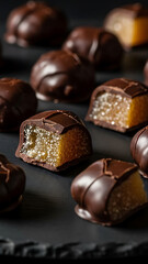 Close-up of delicious chocolate-covered candied orange peel pieces on a dark surface.