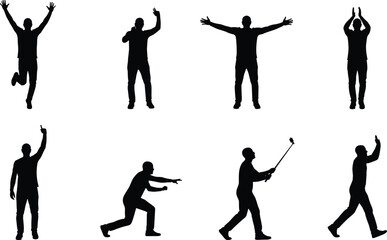 Cheering people silhouette bundle, enthusiastic crowd vector set, happy audience celebrating success, jumping, raising hands, standing, cheering, isolated black figures on white.