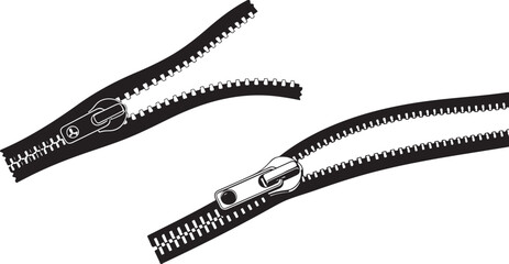 Fototapeta premium A simple, stylized black and white vector graphic illustrating the process of opening and closing a zipper.