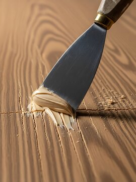 Refinishing a wooden surface with putty and a metal spatula tool