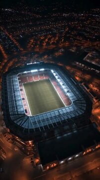 Soccer or football stadium full of lights and heavy crowd. Promotion of world level cup or tournament or league Festivity vibes vertical video for media and web.