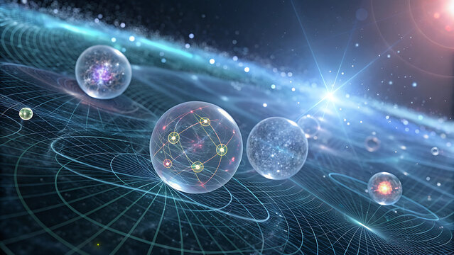 Multiverse concept with parallel universes represented as glowing spheres in space - Powered by Adobe