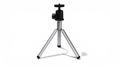 Silver mini tripod with black ball head, on white