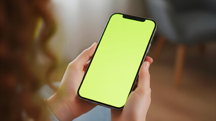 Hand holding mobile smartphone with blank green screen chroma key for mockup view of woman with curly hair holding device with two hands in living room with armchair background