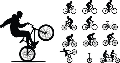 Fototapeta premium Cyclist Silhouette Collection, Set of Different Bicycle Rider Poses, Including BMX Stunt, Racing, Touring, Mountain Bike, Unicycle, and Tandem Bike, Isolated Vector.
