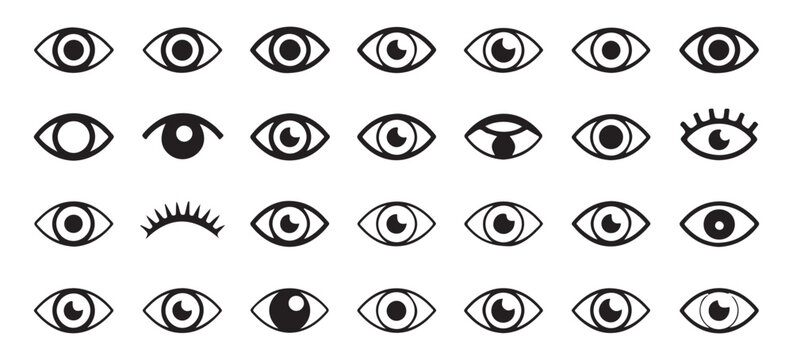 Comprehensive collection of black and white eye icons in various styles, including open, closed, and with lashes