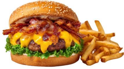 Pulled pork sandwich and hamburger on a plate with beef, cheese, bacon, lettuce, and fries, a fast food lunch meal