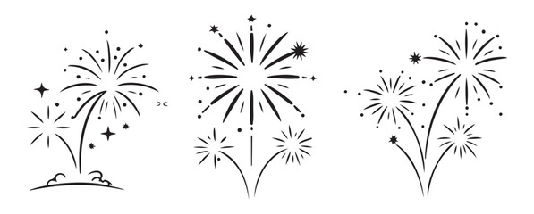 Fireworks black simple line vector icon set. Celebration explosion in sky, festive salute with stars