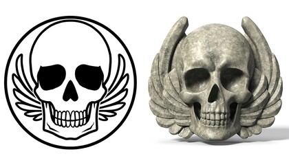 Fototapeta premium Skull with Wings Design and 3D Rendered Skull Emblem.
