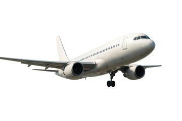 White passenger jet aircraft descending for landing, showing landing gear and engines, transparent background cutout