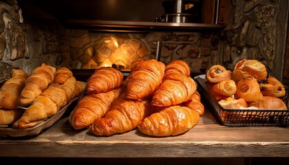 An inviting display of golden-brown croissants and freshly baked pastries arranged on a rustic wooden counter, ready to be enjoyed in a cozy bakery setting