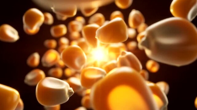 Abstract view of floating corn kernels with a bright light source in the background