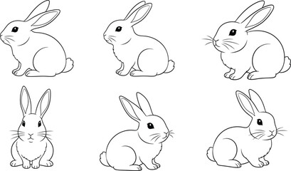 Six adorable bunny illustrations in various poses perfect for design projects on transparent background