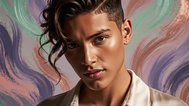 Capture a close-up shot of a serene nonbinary person exuding confidence and mystery using soft pastel colors and gentle brush strokes 4K 10s