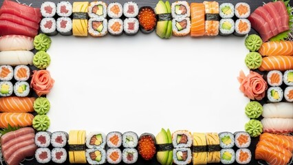 Assorted sushi and sashimi frame on white background, top view, copy space for text, Japanese cuisine.