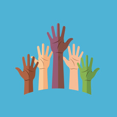Obraz premium Diverse hands raised in unity, representing different skin tones and solidarity.
