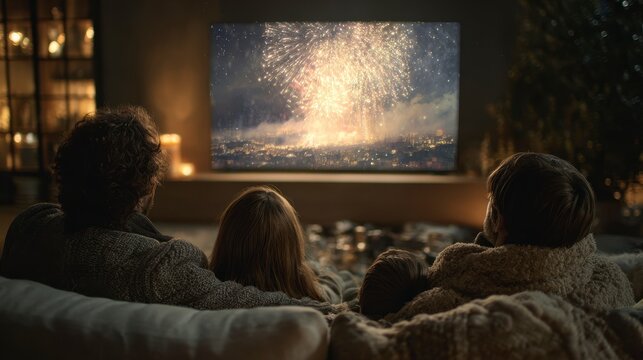 A family, seen from behind, watches a colorful fireworks display on a large television screen, snuggled together on a cozy couch