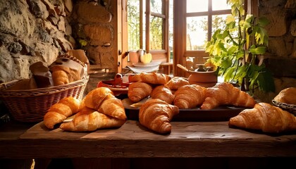 A delightful array of freshly baked golden croissants artfully arranged on a rustic wooden table, bathed in warm sunlight from a cozy window, creating an inviting morning breakfast scene