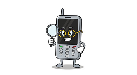 Cartoon Mobile Phone Detective with Magnifying Glass.